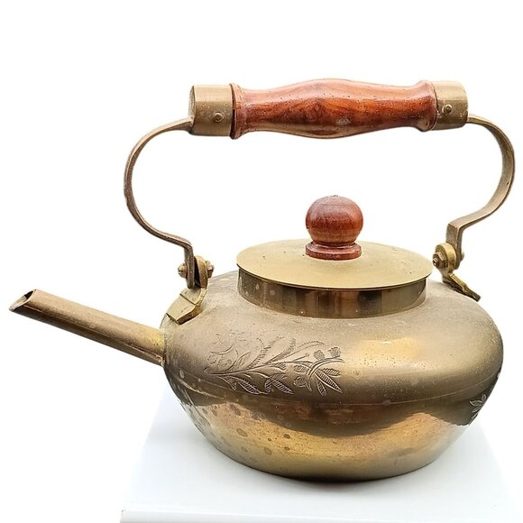 Vintage Brass Teapot with Wood Handle and Lid Knob India - Picture 1 of 4